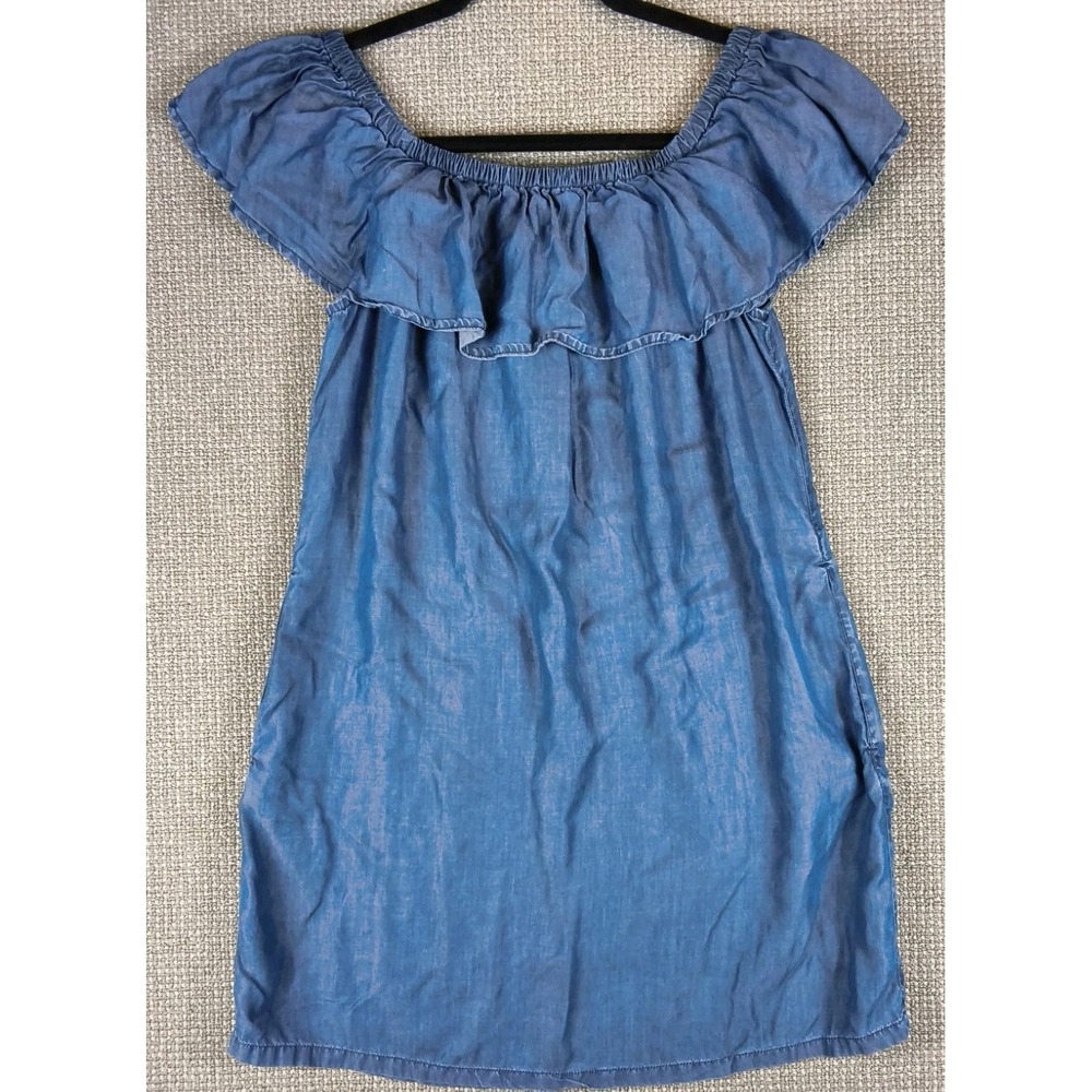 Tommy Bahama Chambray Coverup Dress XS Blue Ruffle Tencel Off Shoulder